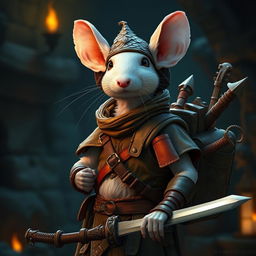 A cool, slender humanoid white rat wearing lightweight leather armor, a dragon scale hunter's hat, embodying the roles of both a bard and a demon hunter