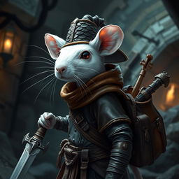 A cool, slender humanoid white rat wearing lightweight leather armor, a dragon scale hunter's hat, embodying the roles of both a bard and a demon hunter