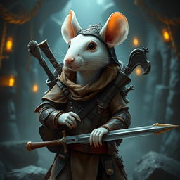 A cool, slender humanoid white rat wearing lightweight leather armor, a dragon scale hunter's hat, embodying the roles of both a bard and a demon hunter