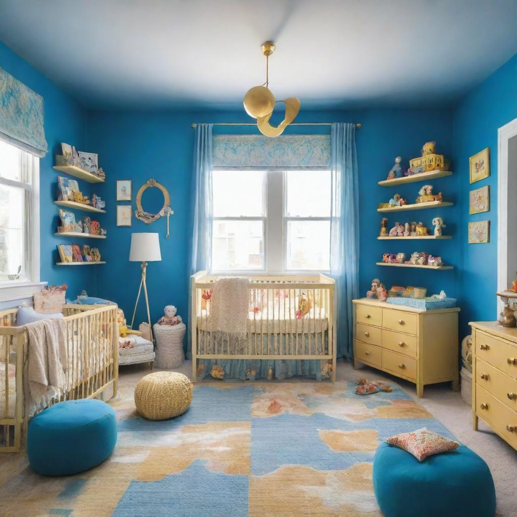 A spacious, airy rendition of the vibrantly colored baby nursery, extra room for frolicking and hosting an array of stimulating toys. The azure blue and brilliant gold palette is punctuated by toy corners adorned with various colorful, age-appropriate playthings.