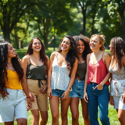 A group of beautiful, diverse women smiling and enjoying a sunny day in a vibrant park