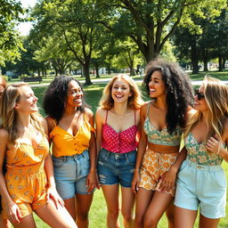 A group of beautiful, diverse women smiling and enjoying a sunny day in a vibrant park