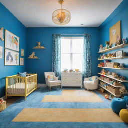 A spacious, airy rendition of the vibrantly colored baby nursery, extra room for frolicking and hosting an array of stimulating toys. The azure blue and brilliant gold palette is punctuated by toy corners adorned with various colorful, age-appropriate playthings.