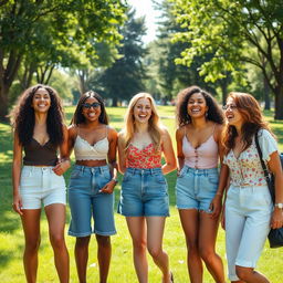 A group of beautiful, diverse women smiling and enjoying a sunny day in a vibrant park