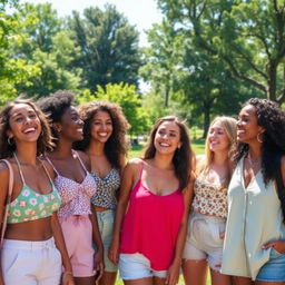 A group of beautiful, diverse women smiling and enjoying a sunny day in a vibrant park