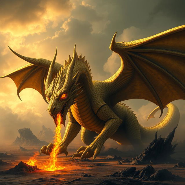 A formidable and malevolent gold dragon, its majestic scales shimmering ominously with an inner darkness