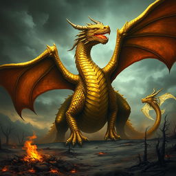 A formidable and malevolent gold dragon, its majestic scales shimmering ominously with an inner darkness