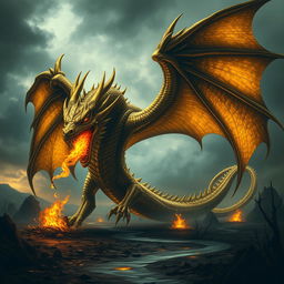 A formidable and malevolent gold dragon, its majestic scales shimmering ominously with an inner darkness