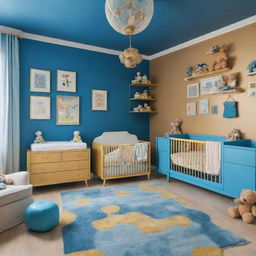 A spacious, airy rendition of the vibrantly colored baby nursery, extra room for frolicking and hosting an array of stimulating toys. The azure blue and brilliant gold palette is punctuated by toy corners adorned with various colorful, age-appropriate playthings.