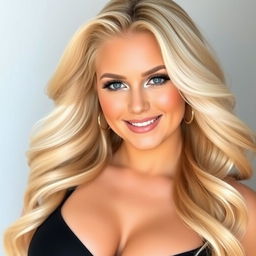 A voluptuous blonde woman with thick, flowing hair, exuding confidence and allure