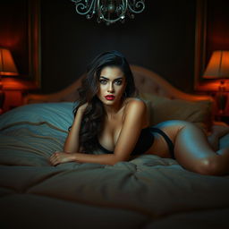 A sultry atmosphere with a confident and attractive woman lounging on a luxurious bed