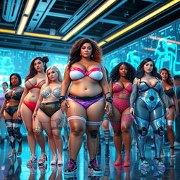 A group of diverse, futuristic AI-generated women with plus-size figures, showcasing cybernetic enhancements and unique digital features