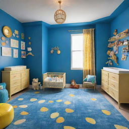 A spacious, airy rendition of the vibrantly colored baby nursery, extra room for frolicking and hosting an array of stimulating toys. The azure blue and brilliant gold palette is punctuated by toy corners adorned with various colorful, age-appropriate playthings.