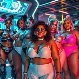 A group of diverse, futuristic AI-generated women with plus-size figures, showcasing cybernetic enhancements and unique digital features