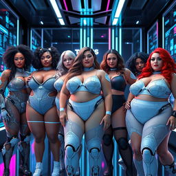 A group of diverse, futuristic AI-generated women with plus-size figures, showcasing cybernetic enhancements and unique digital features