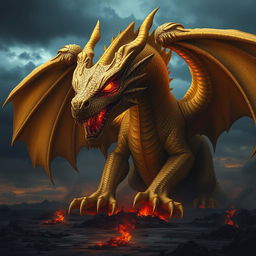 A sinister and malevolent gold dragon, its shimmering scales reflecting a dark power, and a prominent scar running across its snout, adding to its intimidating presence