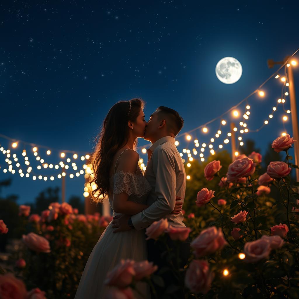 A couple leaning in for a kiss under a starlit sky, surrounded by softly glowing fairy lights, in a tranquil garden filled with blooming roses