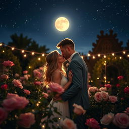 A couple leaning in for a kiss under a starlit sky, surrounded by softly glowing fairy lights, in a tranquil garden filled with blooming roses