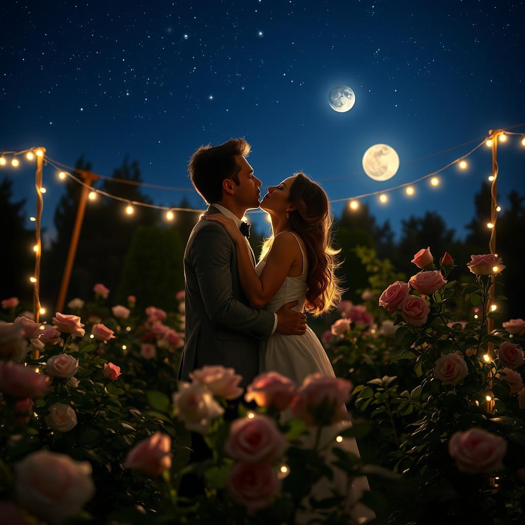 A couple leaning in for a kiss under a starlit sky, surrounded by softly glowing fairy lights, in a tranquil garden filled with blooming roses