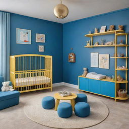 A secure, baby-proof version of the spacious, vibrantly colored nursery. Features include rounded furniture edges, plug covers, secure shelving, and a play area filled with non-toxic, age-appropriate toys, all within a blueprint of open space painted in azure blue and bright gold.