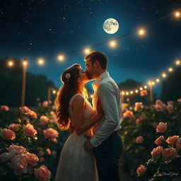 A couple leaning in for a kiss under a starlit sky, surrounded by softly glowing fairy lights, in a tranquil garden filled with blooming roses