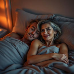 A beautiful mature woman lying next to me on a luxurious bed, with serene ambient lighting creating a cozy and intimate atmosphere, capturing the warmth and connection between the two people