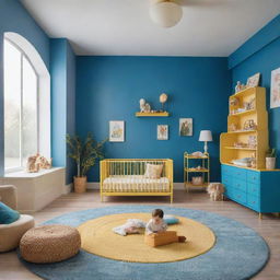 A secure, baby-proof version of the spacious, vibrantly colored nursery. Features include rounded furniture edges, plug covers, secure shelving, and a play area filled with non-toxic, age-appropriate toys, all within a blueprint of open space painted in azure blue and bright gold.