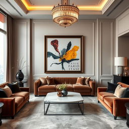 Elegant interior setting featuring a striking abstract artwork in a sophisticated frame