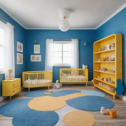 A secure, baby-proof version of the spacious, vibrantly colored nursery. Features include rounded furniture edges, plug covers, secure shelving, and a play area filled with non-toxic, age-appropriate toys, all within a blueprint of open space painted in azure blue and bright gold.