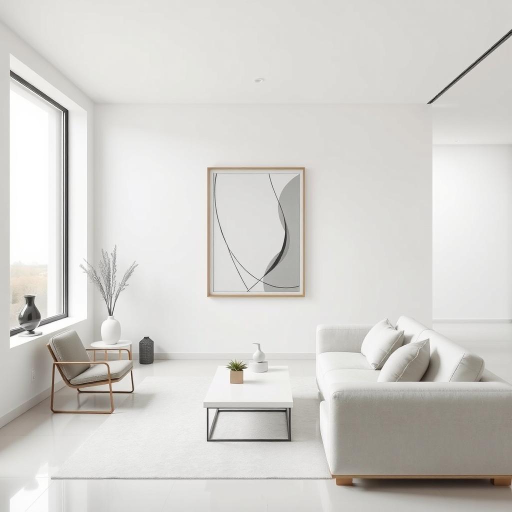 Minimalist interior design featuring the same frame with a sleek, abstract artwork