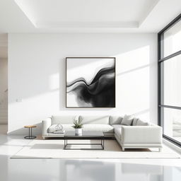 Minimalist interior design featuring the same frame with a sleek, abstract artwork