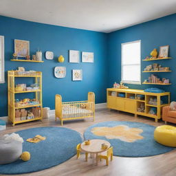 A secure, baby-proof version of the spacious, vibrantly colored nursery. Features include rounded furniture edges, plug covers, secure shelving, and a play area filled with non-toxic, age-appropriate toys, all within a blueprint of open space painted in azure blue and bright gold.