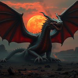 An ominous and malevolent copper dragon, its scales reflecting a dark, reddish hue with an aura of evil