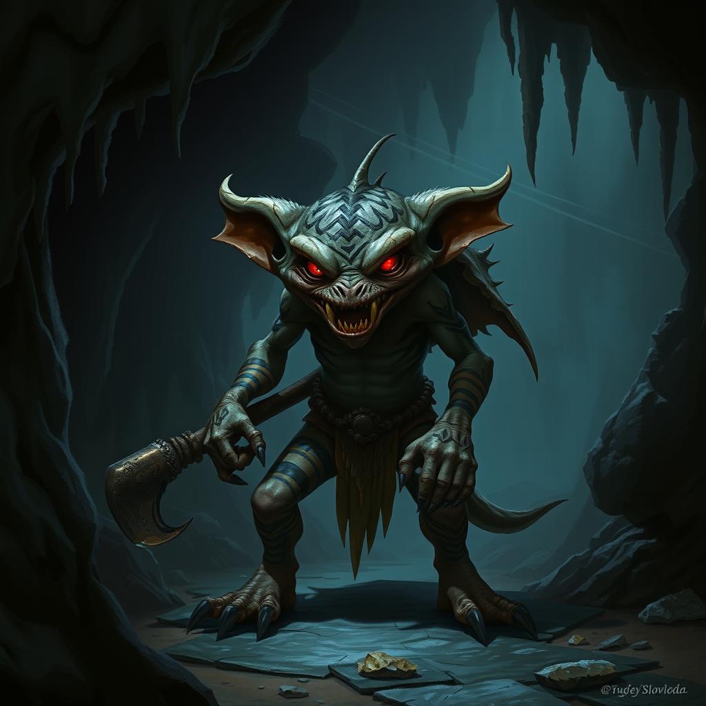 A menacing and sinister kobold standing in a dark cavern, surrounded by eerie shadows