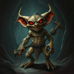 A menacing and sinister kobold standing in a dark cavern, surrounded by eerie shadows