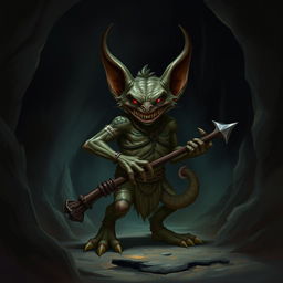 A menacing and sinister kobold standing in a dark cavern, surrounded by eerie shadows