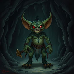 A menacing and sinister kobold standing in a dark cavern, surrounded by eerie shadows