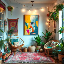 Interior room featuring the existing frame with abstract art on the wall, now set in a bohemian-inspired decor