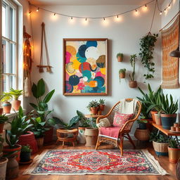 Interior room featuring the existing frame with abstract art on the wall, now set in a bohemian-inspired decor