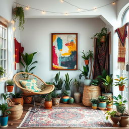 Interior room featuring the existing frame with abstract art on the wall, now set in a bohemian-inspired decor