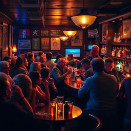 A lively and vibrant bar scene, bustling with people enjoying their drinks and chatting