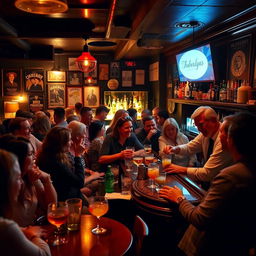 A lively and vibrant bar scene, bustling with people enjoying their drinks and chatting