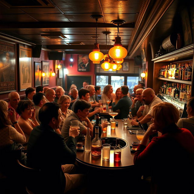 A lively and vibrant bar scene, bustling with people enjoying their drinks and chatting