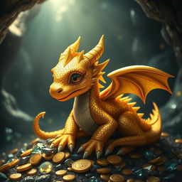 A majestic gold dragon wyrmling, sitting on a pile of treasure, its lustrous scales shimmering with golden hues