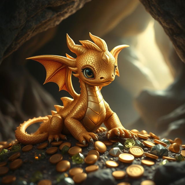 A majestic gold dragon wyrmling, sitting on a pile of treasure, its lustrous scales shimmering with golden hues