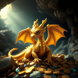 A majestic gold dragon wyrmling, sitting on a pile of treasure, its lustrous scales shimmering with golden hues