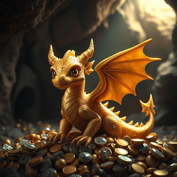 A majestic gold dragon wyrmling, sitting on a pile of treasure, its lustrous scales shimmering with golden hues