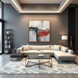 Modern interior design featuring the same frame with abstract art as the focal point