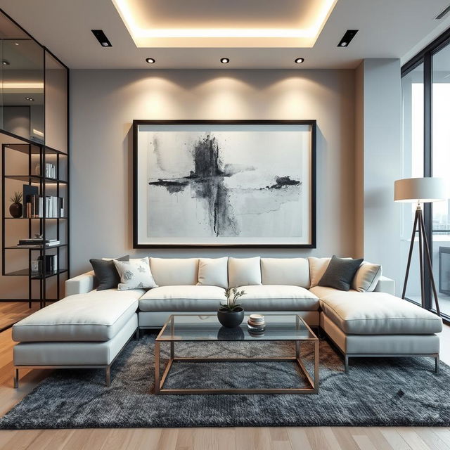 Modern interior design featuring the same frame with abstract art as the focal point