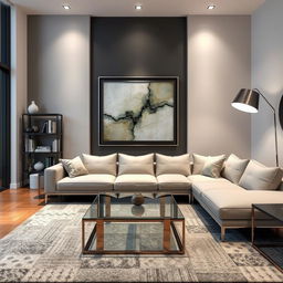 Modern interior design featuring the same frame with abstract art as the focal point